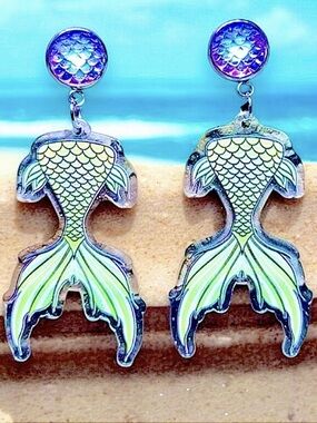Mermaid Tail Dangle Earrings with Iridescent Scales NWT
